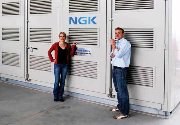 Electricity for Graciosa: Younicos employees in front of a hybrid energy storage