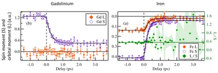 Evolution of the spin and orbital angular momentum in Gd and Fe in the alloy. Credit: MBI