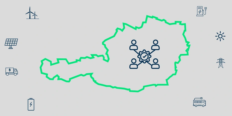 Graphic: outline map of Austria with a central network icon and various energy and transport icons around it