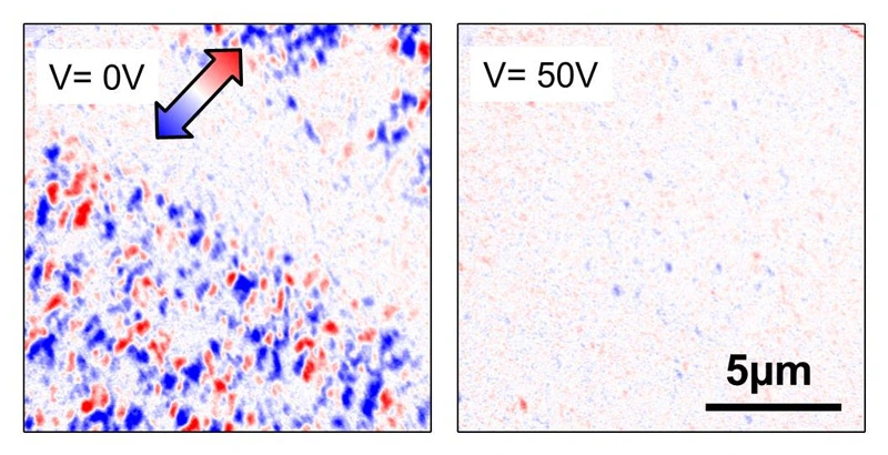 XMCD-PEEM asymmetry images of FeRh obtained at the Fe L3-edge at 385 K. The presence of blue/red domains at 0 Volts (left panel) are related to the presence of ferromagnetic domains showing thus that the FeRh film is ferromagnetic. After applying 50 V (ri