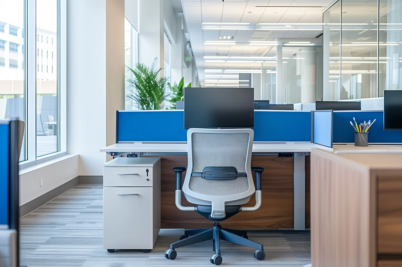 Arbeitsplatz in einem großen Büro mit Schreibtisch und Bürostuhl © Tor Gilje/stock.adobe.com