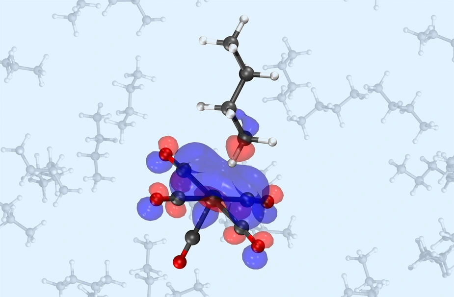 Molekülstruktur des Sigma-Komplexes und sein niedrigstes unbesetztes Molekülorbital. © Raphael Jay