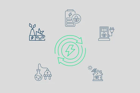 Illustration: Symbole zur Stromerzeugung und -speicherung