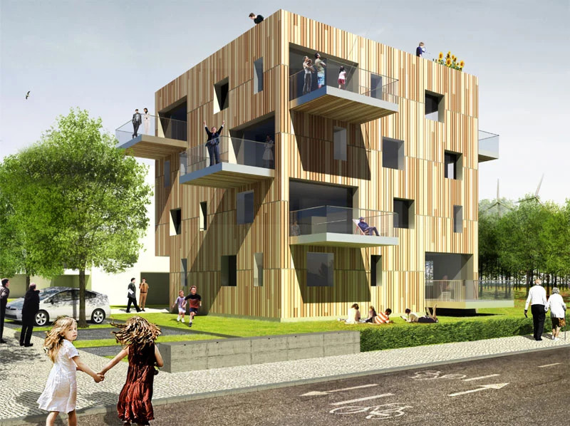 Woodcubes aus Lärchenholz, Wohnprojekt Berlin Adlershof. Bild: © Adlershof Special