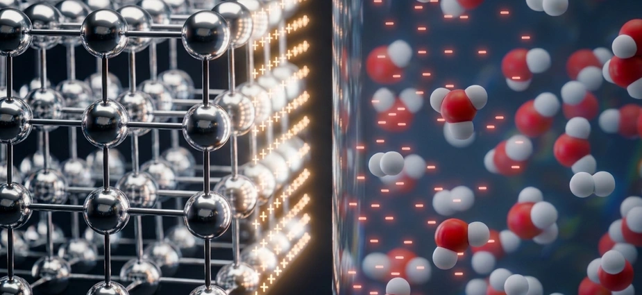 3D-Darstellung eines Kristallgitters aus silbernen Kugeln und Stäben neben einer Darstellung von rot-weißen Molekülen in Bewegung