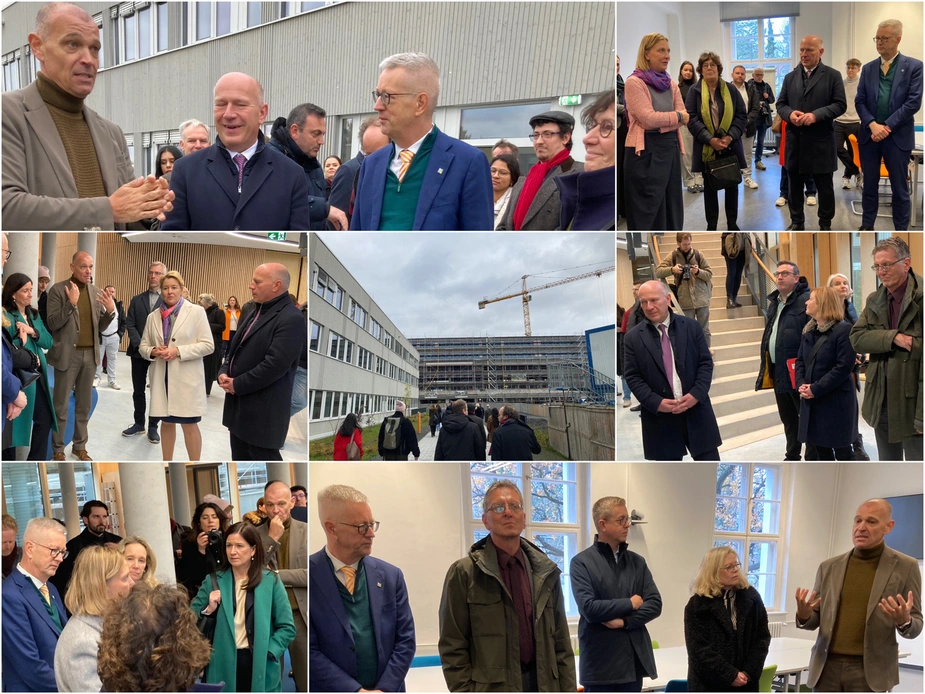 Fotocollage: Besuchsgruppe innerhalb und außerhalb des FUBIC-Gebäudes