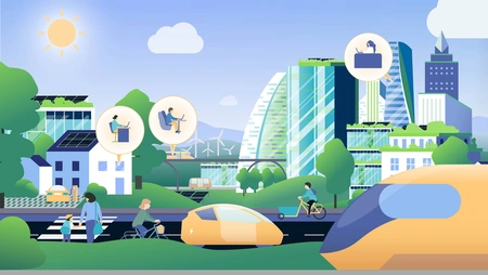 Illustration einer Stadt mit ÖPNV und verschiedenen Arbeitsplätzen