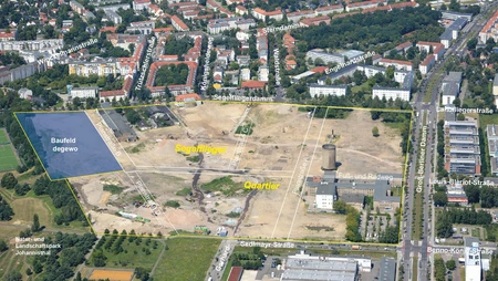 Luftbild mit eingezeichneten Grenzen des zukünftigen Quartiers