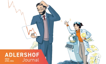 A concerned businessman looks at a declining curve, while in the background a researcher struggles to attract attention.