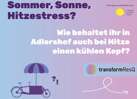 Illustration eines Lastenfahrrads mit Sonnenschirm und Text zur Umfrage über Hitzestress in Adlershof