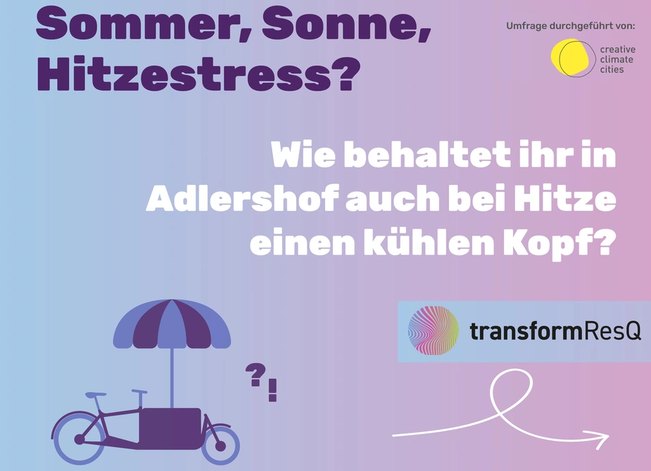 Illustration eines Lastenfahrrads mit Sonnenschirm und Text zur Umfrage über Hitzestress in Adlershof