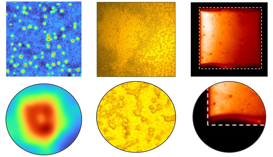Microscopic images of materials in various colours