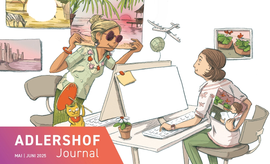 Illustration: colleagues showing each other holiday photos