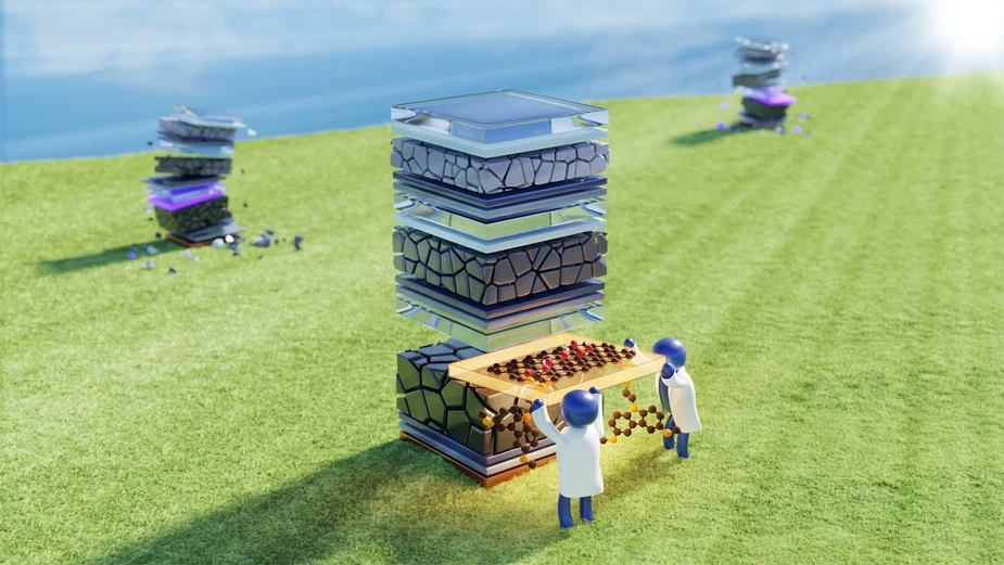 Stylised illustration: two figures are pushing a layer of material into a pile of other materials