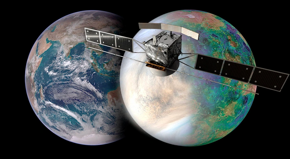 Depiction of Earth and Venus, with the EnVision orbiter in the foreground © NASA/JAXA/ISAS/DARTS/VR2planets/Damia Bouic